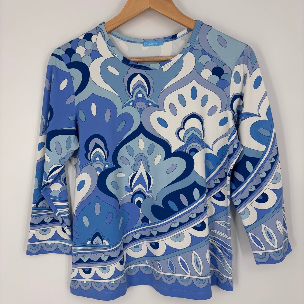 J.McLaughlin Catalina Cloth Blue Psychedelic Paisley Top Womens Large 3/4 Sleeve